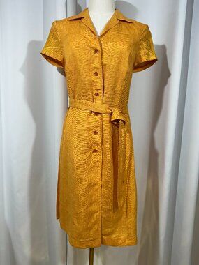 Escada Mustard Linen Blend Shirt Dress Sz 38 Designer Belted Embroidered Sleeve